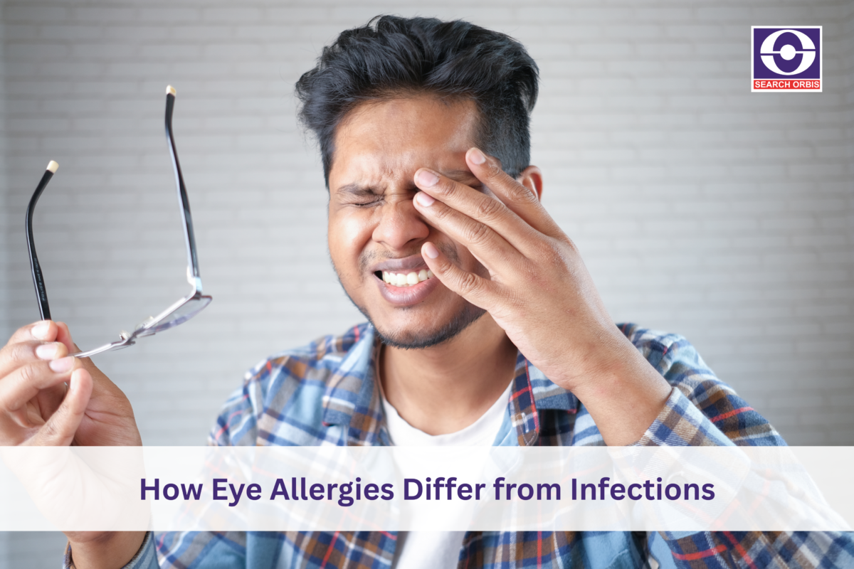 Person rubbing an irritated eye while holding eyeglasses, illustrating common symptoms of eye allergies and eye infections such as redness, itching and discomfort.