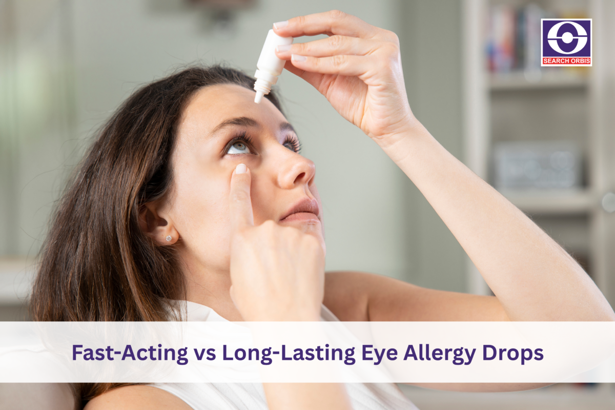 Woman applying allergy eye drops to relieve itchy, red, and irritated eyes caused by seasonal allergies and environmental triggers.