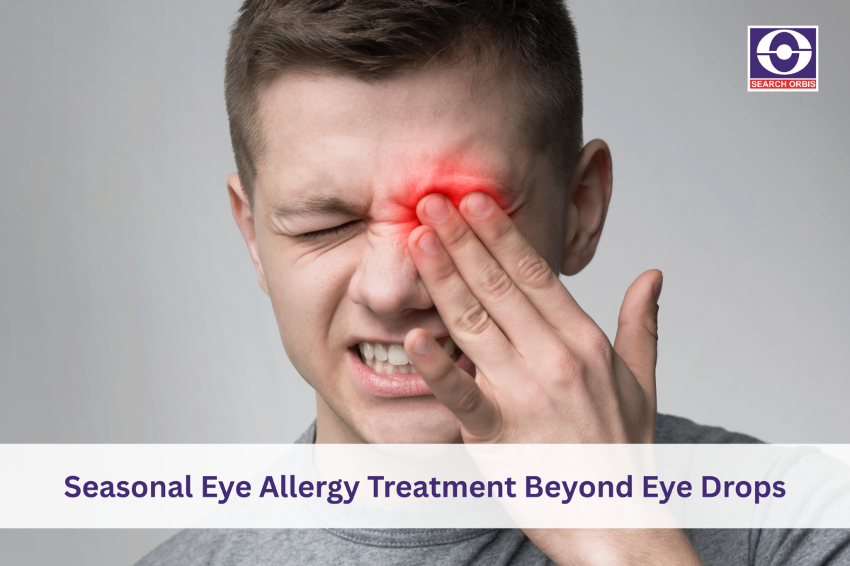 Person rubbing a red, irritated eye due to seasonal allergies, experiencing itching, inflammation, and discomfort caused by environmental allergens.