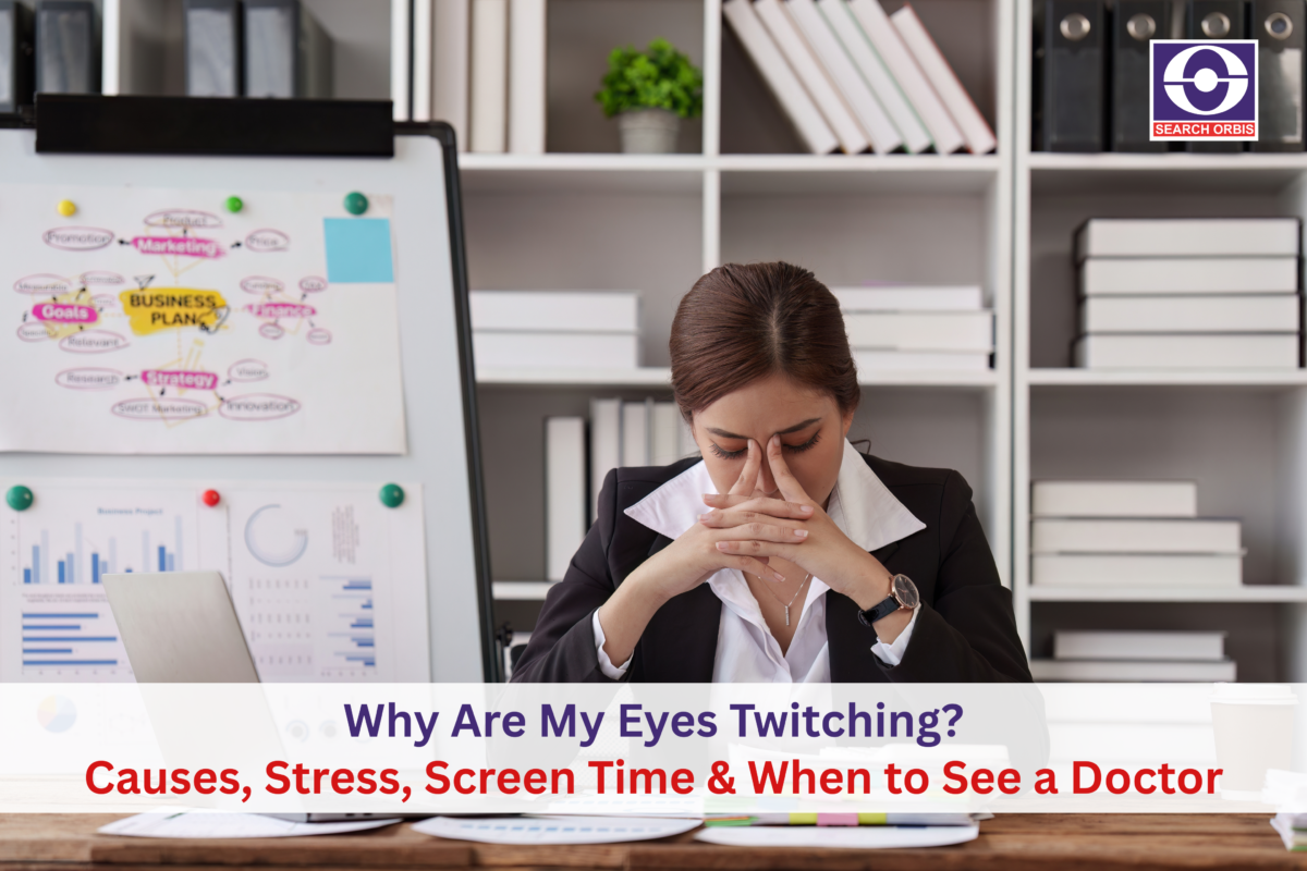 Businesswoman experiencing eye twitching due to stress, fatigue, excessive screen time, or eye strain while working in an office environment.
