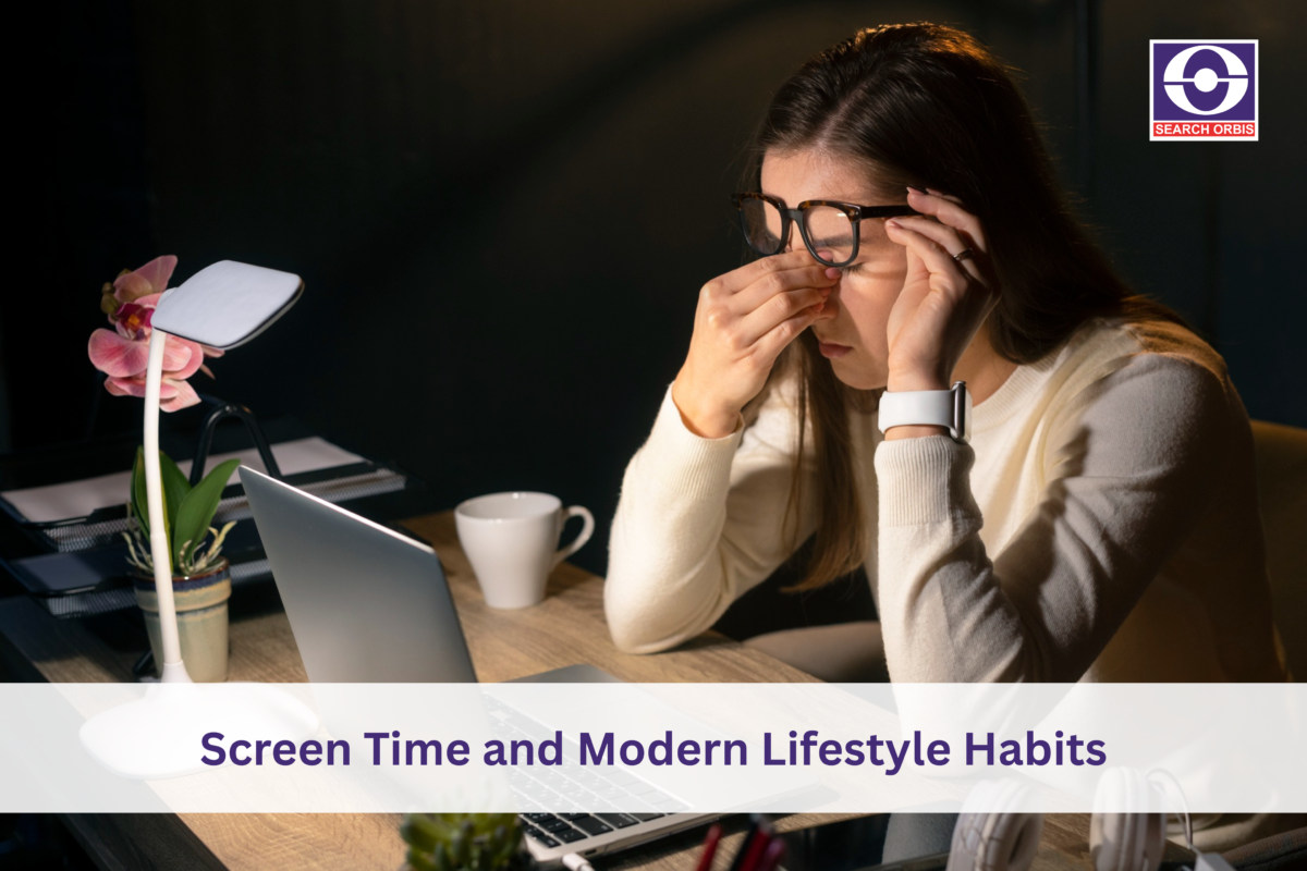 Woman experiencing digital eye strain and eye fatigue from prolonged screen time while working on a laptop at night.
