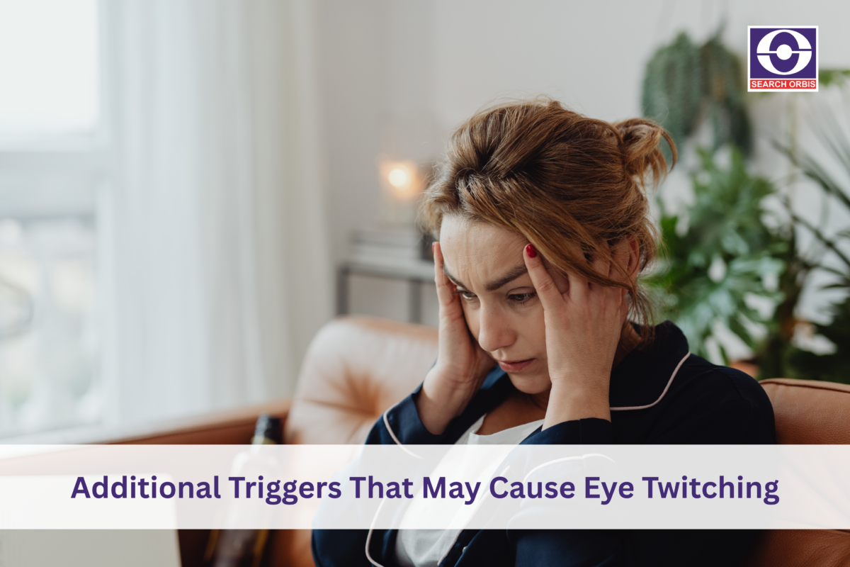 Woman experiencing stress and fatigue, highlighting common triggers that may contribute to eye twitching and eyelid spasms.