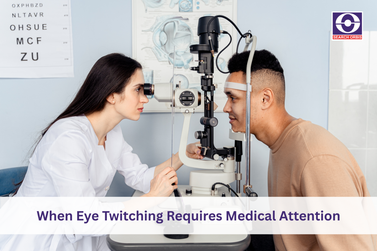 Eye doctor examining a patient during a comprehensive eye examination to evaluate persistent eye twitching and other vision-related concerns.