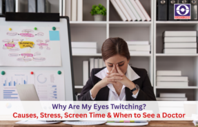 Businesswoman experiencing eye twitching due to stress, fatigue, excessive screen time, or eye strain while working in an office environment.