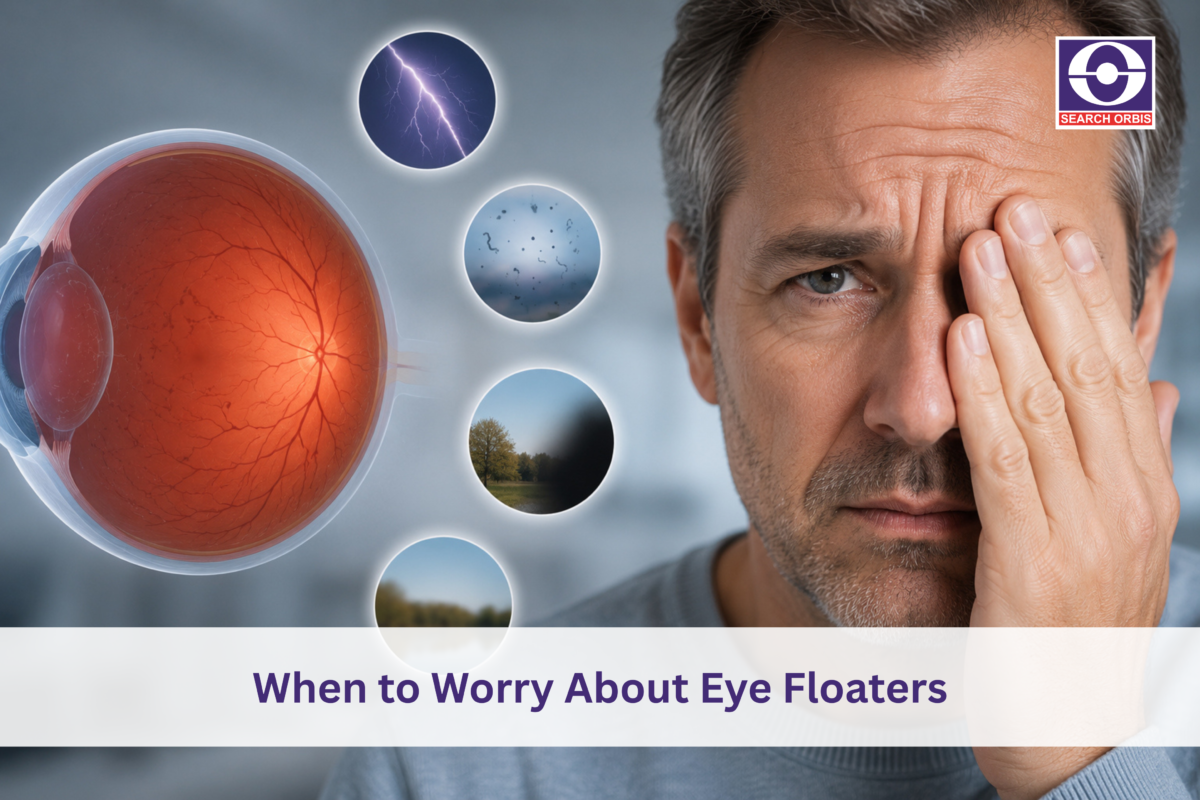 Man covering one eye with illustration of eye floaters and warning signs such as flashes of light and vision loss.