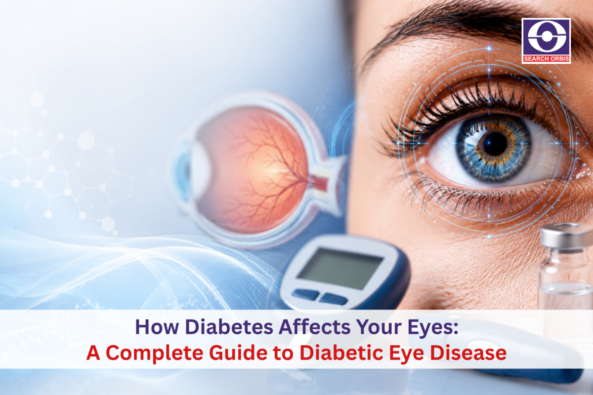 Close-up of an eye with diabetic eye disease graphics, a retina model, glucose meter and insulin vial.