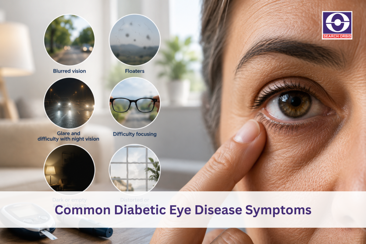 Close-up of an eye with common diabetic eye disease symptoms, including blurred vision, floaters, glare, and difficulty focusing.