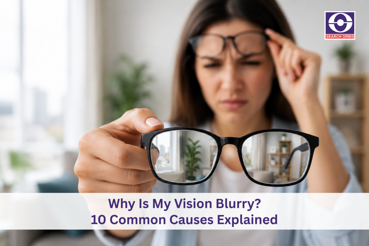 Person holding a pair of eyeglasses with clear lenses while experiencing blurry vision without them, illustrating common causes of blurred eyesight and the importance of eye care.