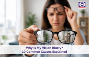 Person holding a pair of eyeglasses with clear lenses while experiencing blurry vision without them, illustrating common causes of blurred eyesight and the importance of eye care.