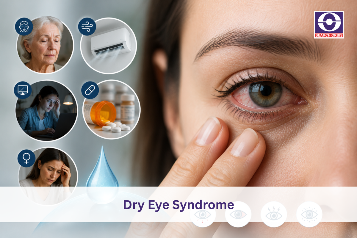 Close-up of a person gently pulling down the lower eyelid to show signs of dry eye syndrome. Supporting icons illustrate common contributing factors such as aging, air conditioning, prolonged screen time, medications, hormonal changes, and tear deficiency. The image is branded with the Search Orbis logo.