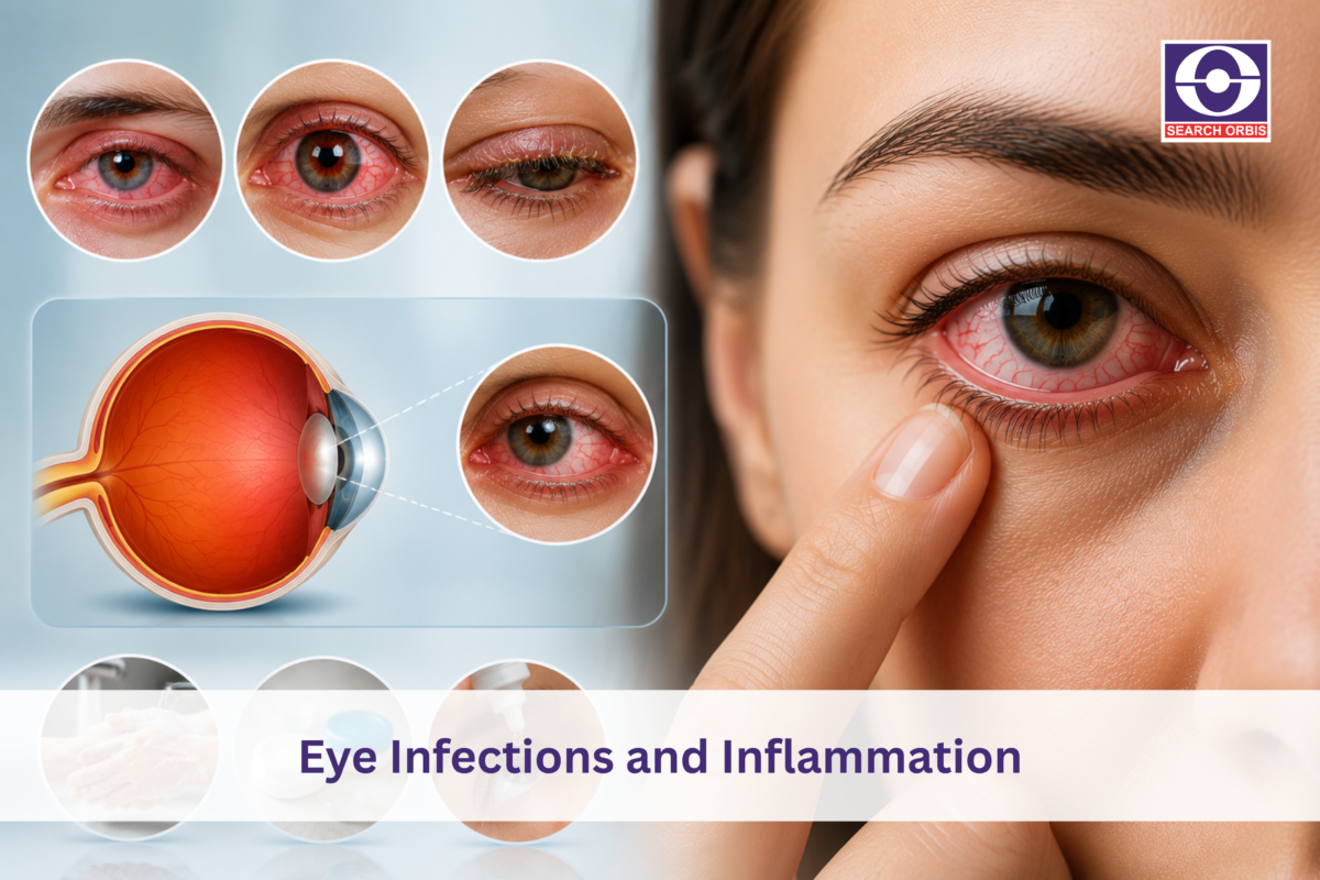 Close-up of a red, irritated eye with illustrations showing common eye infections and inflammation, including redness, swelling, and an eye anatomy diagram.