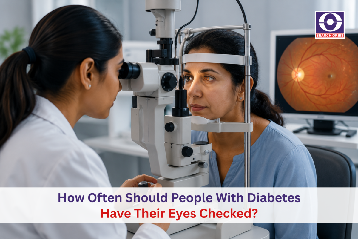 Eye doctor performing a diabetic eye exam on a patient using a slit lamp microscope.