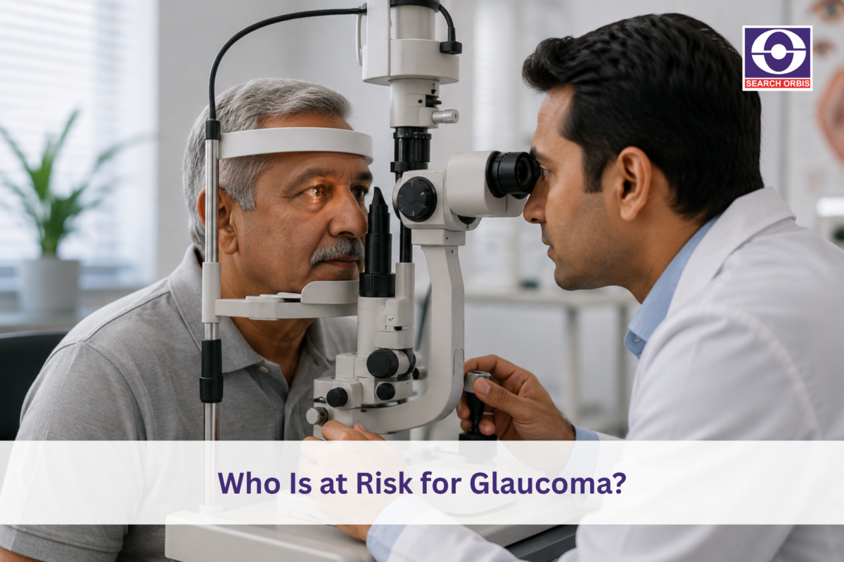 Eye doctor examining an older man using a slit-lamp microscope.