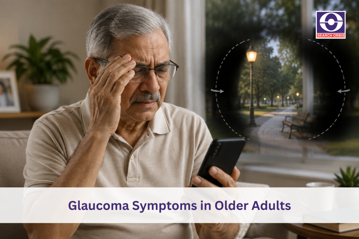 An older man wearing glasses holds a smartphone while touching his eye, illustrating possible glaucoma-related vision problems. A blurred park scene with narrowed peripheral vision appears beside him.