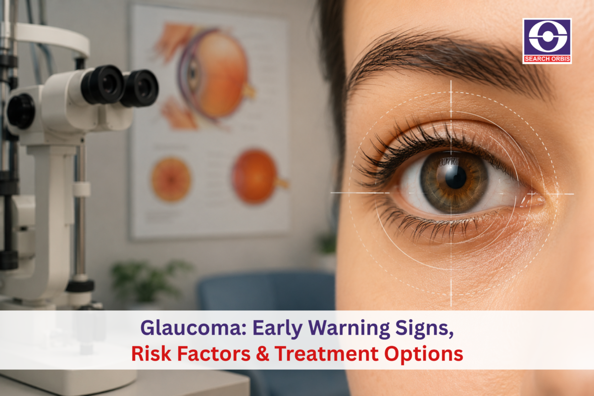 Close-up of an eye with a glaucoma screening device in an eye clinic.