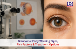 Close-up of an eye with a glaucoma screening device in an eye clinic.